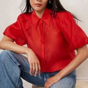 Mint Velvet Sheer Puffed Sleeve Blouse Women's Sz Medium Watermelon Red